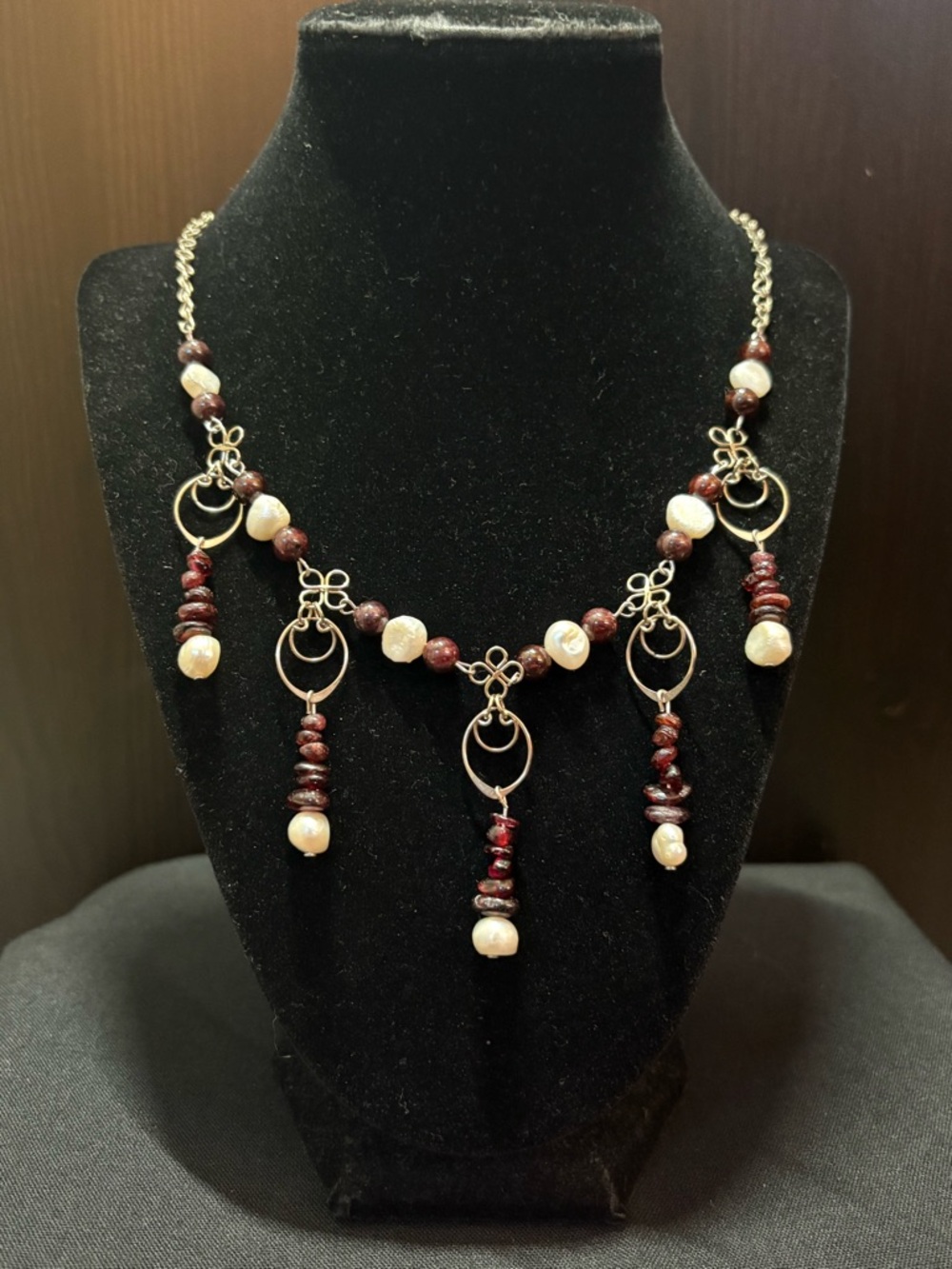 Handcrafted Sterling Silver Garnet & Pearl Dangle Necklace